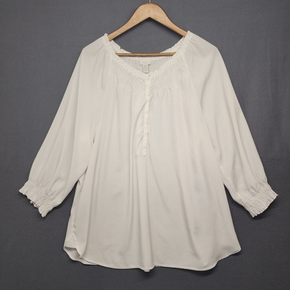 Chicos Top Womens 3 US XL White Blouse Lightweight Flowy Stretch Henley Office